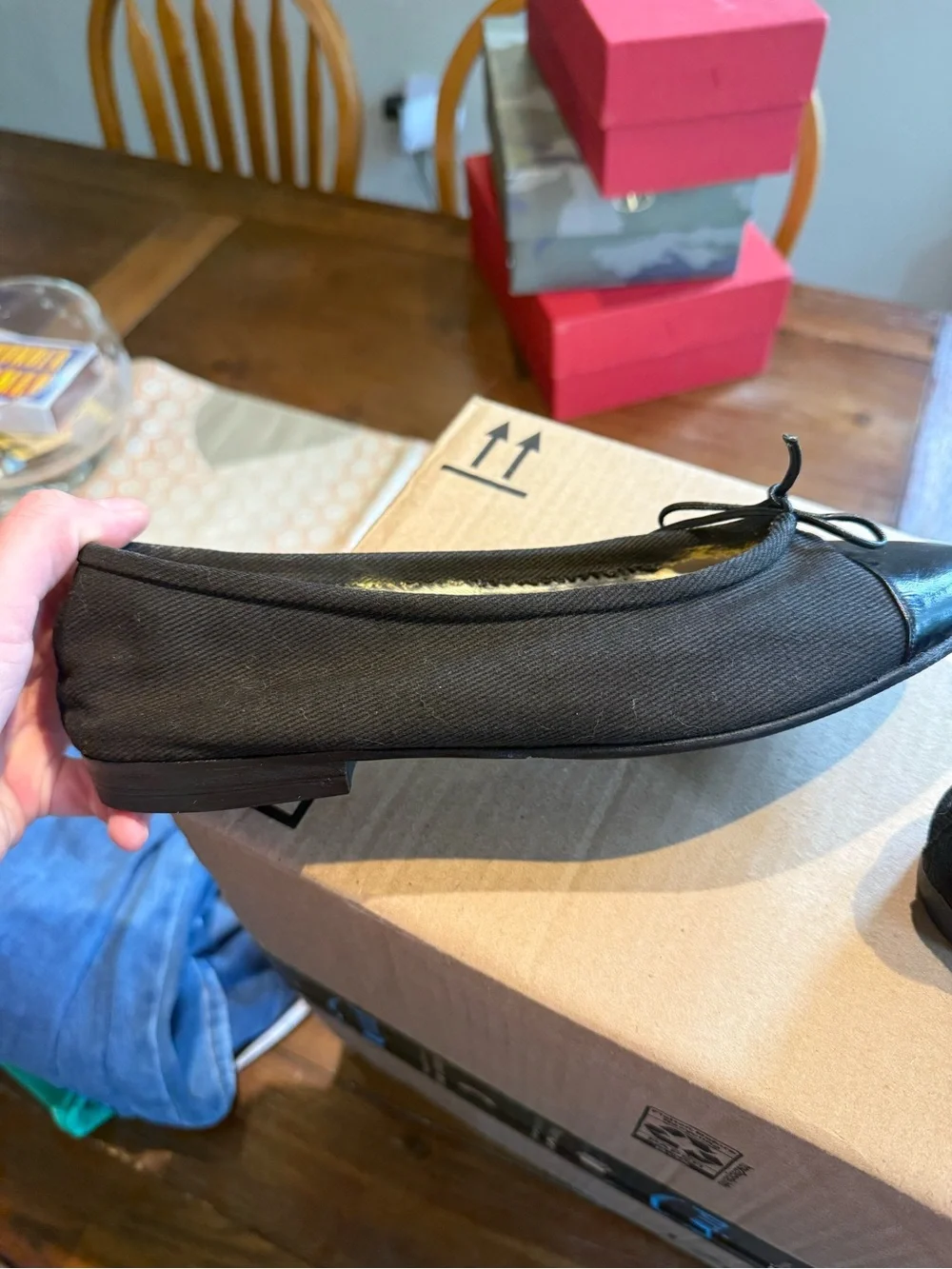 CHANEL Black Cap-Toe Ballet Flats with Bow